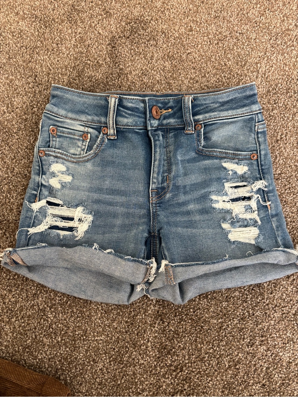 American Eagle Outfitters Light Blue Distressed Roll-Cuff Denim Shorts